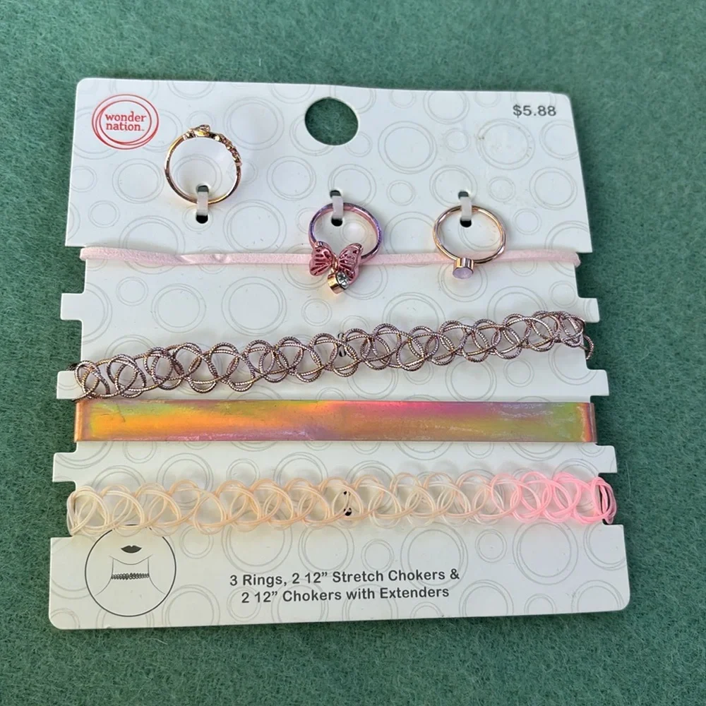 NWT Wonder Nation 4 12” Chokers 2 Extenders 3 Rings Set Butterfly Love Stretch